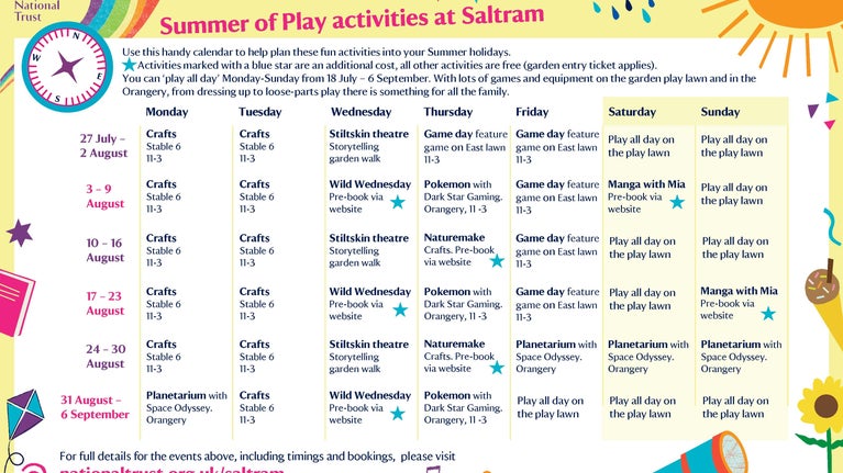 Calendar of events each day over Summer of Play at Saltram from 27 July to 6 September